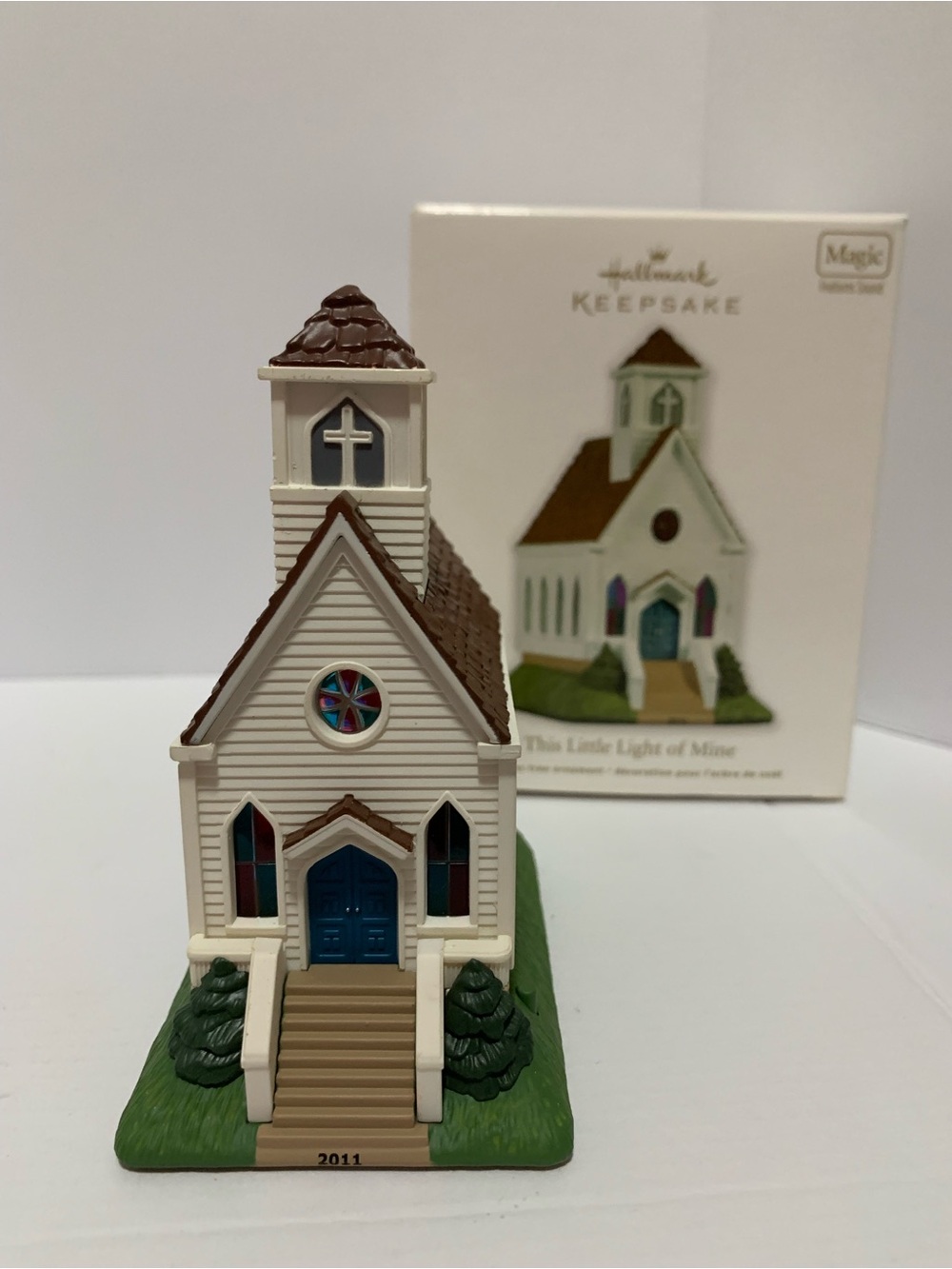 Hallmark White and Brown Church Ornament with Blue Door and Green Base